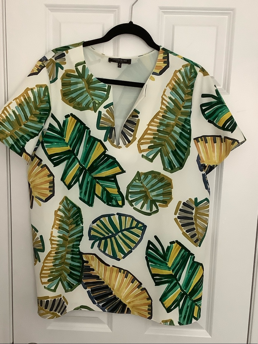 Lafayette 148 New York White V-Neck Tropical Leaf Print Tunic